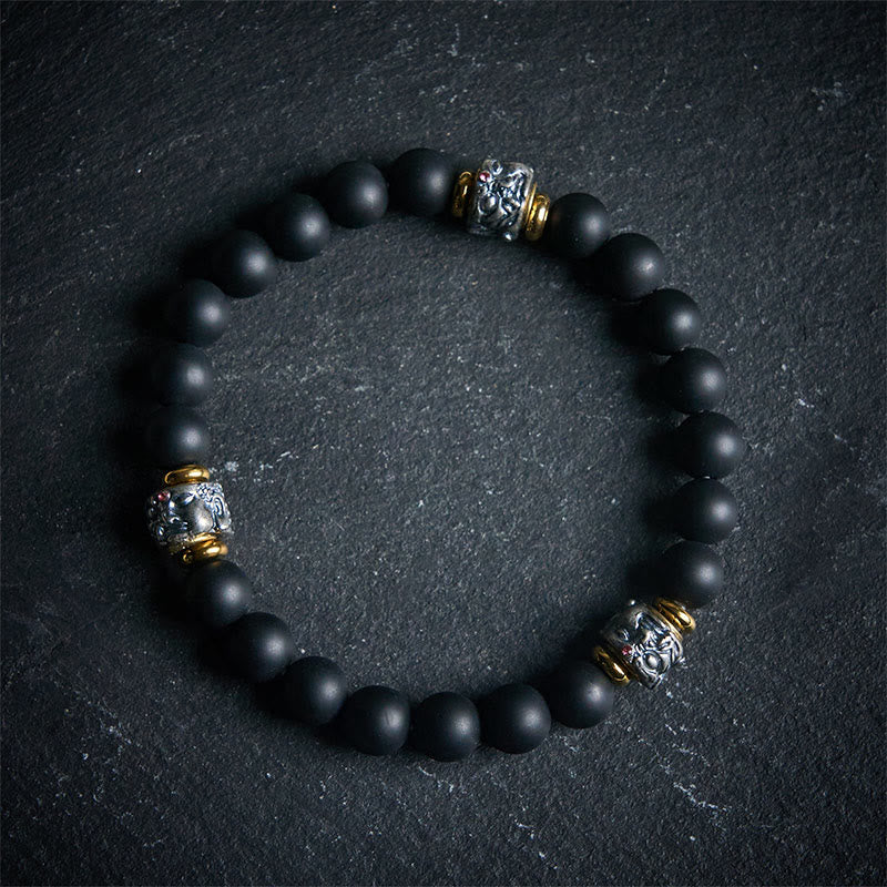 Buddha Stones天然フロストブラックオニキス 仏陀顔守護ブレスレット - 20cm - image 0