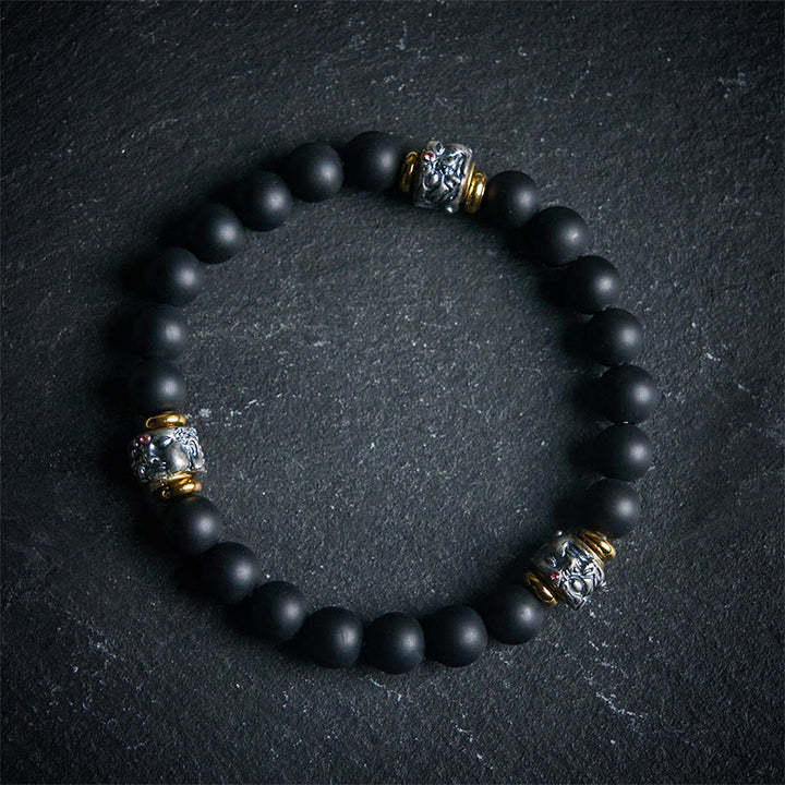 Buddha Stones天然フロストブラックオニキス 仏陀顔守護ブレスレット - 20cm - image 0