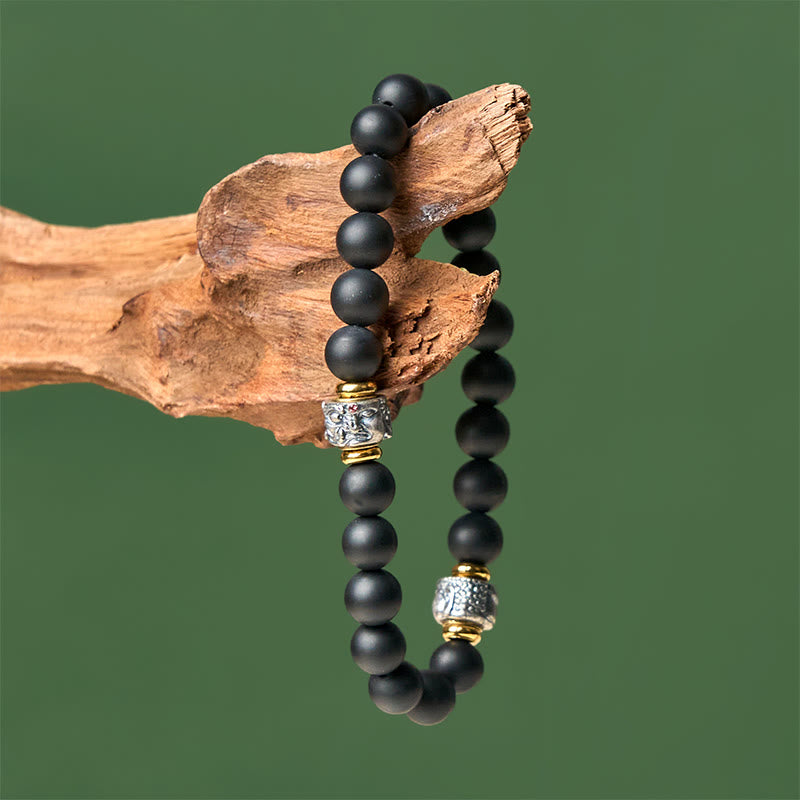 Buddha Stones天然フロストブラックオニキス 仏陀顔守護ブレスレット - image 3