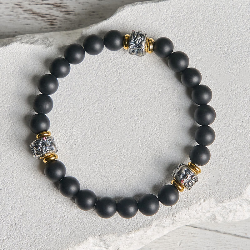 Buddha Stones天然フロストブラックオニキス 仏陀顔守護ブレスレット - image 2