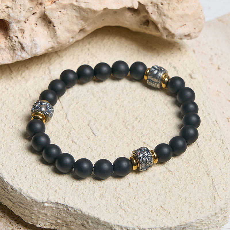 Buddha Stones天然フロストブラックオニキス 仏陀顔守護ブレスレット - image 1