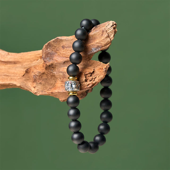 Buddha Stones天然フロストブラックオニキス 仏顔サポートブレスレット - image 3