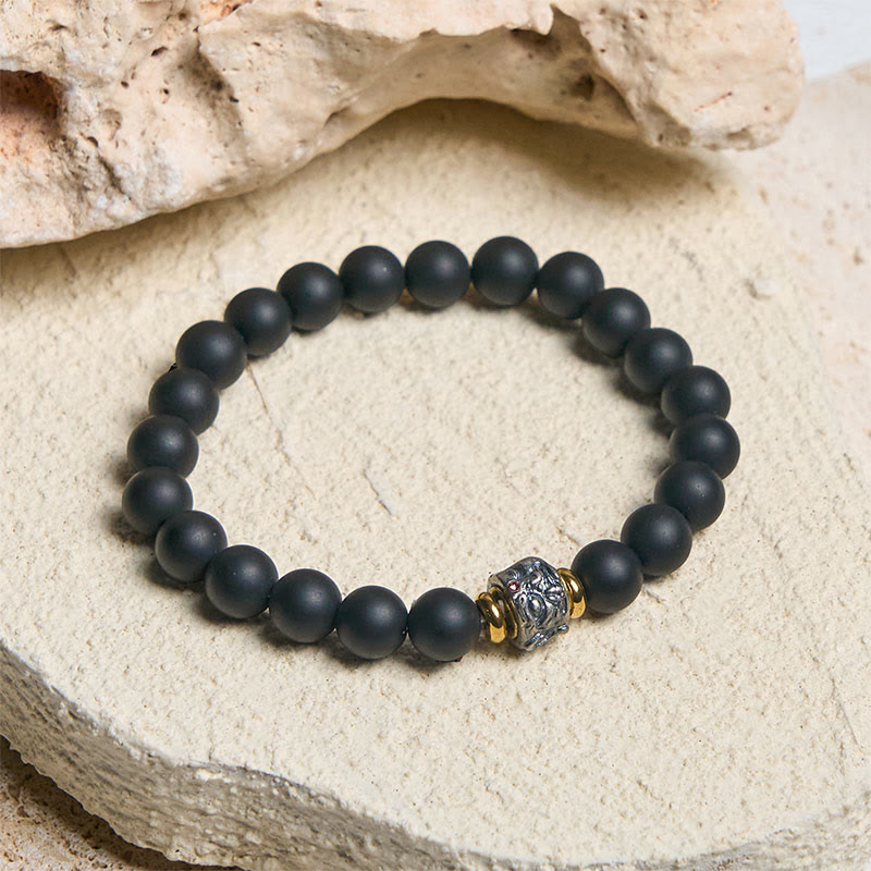 Buddha Stones天然フロストブラックオニキス 仏顔サポートブレスレット - image 1