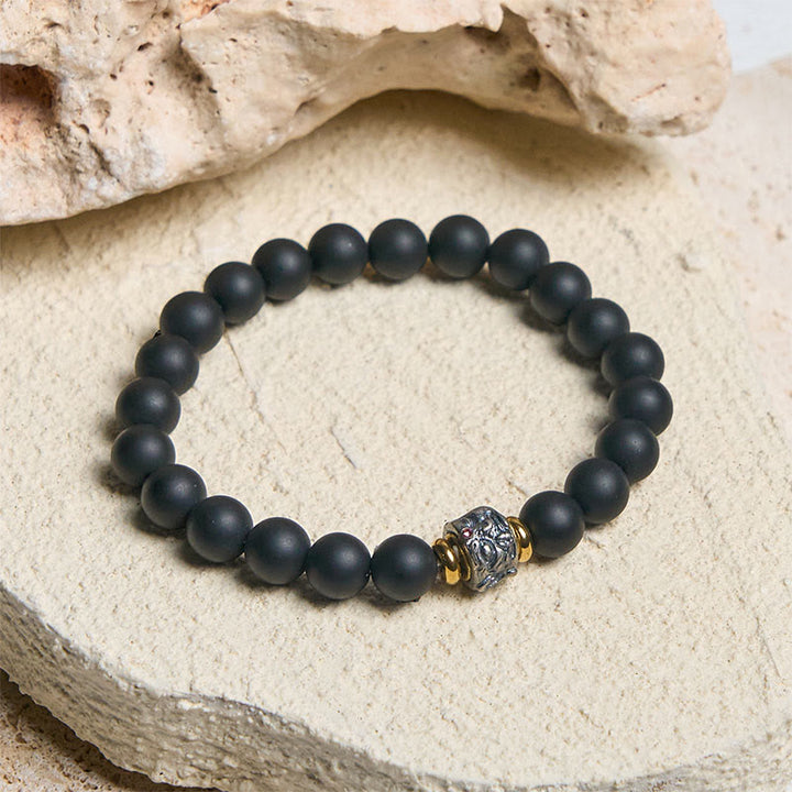 Buddha Stones天然フロストブラックオニキス 仏顔サポートブレスレット - image 1