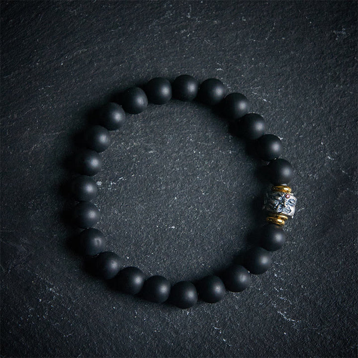 Buddha Stones天然フロストブラックオニキス 仏顔サポートブレスレット - 20cm - image 0