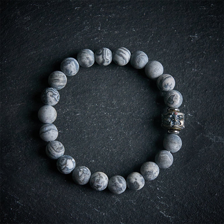 Buddha Stones天然フロストグレージャスパー 仏陀の顔 ヒーリング守護ブレスレット - 20cm - image 0