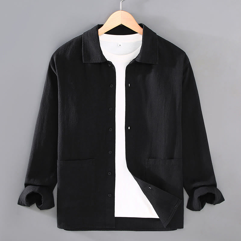 Buddha Stones無地 長袖 ボタンシャツ メンズ ラミー コットン ポケット付き - 黒 - US/UK/AU42、 EU52 (3XL) - image 9