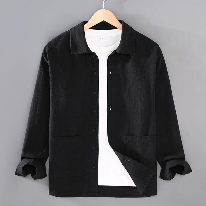 Buddha Stones無地 長袖 ボタンシャツ メンズ ラミー コットン ポケット付き - 黒 - US/UK/AU42、 EU52 (3XL) - image 9
