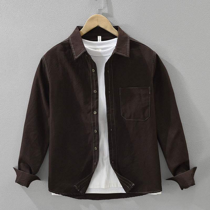 Buddha Stones通勤ボタン長袖無地シャツメンズ服ポケット付き - サドルブラウン - US/UK/AU42、 EU52 (3XL) - image 0