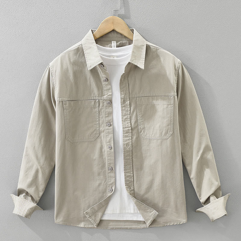 Buddha Stonesデイリー 無地ボタンデザイン メンズ 長袖 純綿シャツ ポケット付き - タン - US/UK/AU42、 EU52 (3XL) - image 0