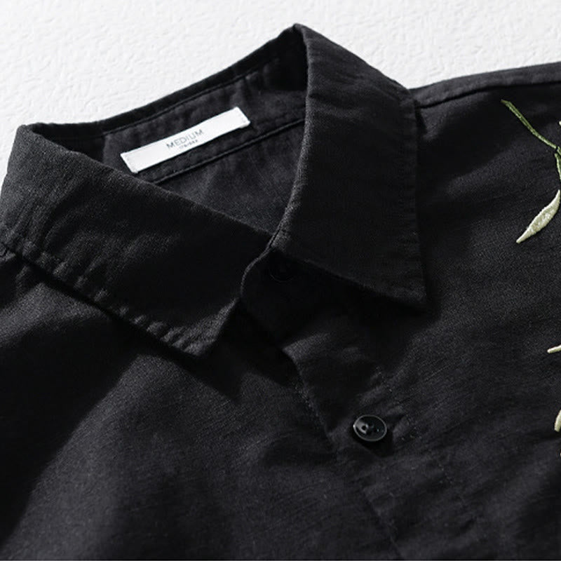 Buddha Stones刺繍の葉柄メンズ長袖コットンリネンシャツ - image 1