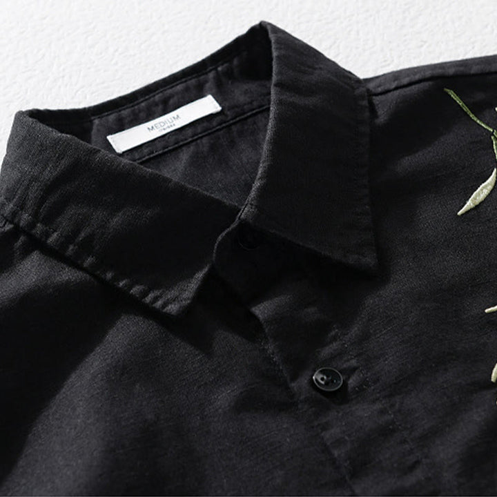 Buddha Stones刺繍の葉柄メンズ長袖コットンリネンシャツ - image 1