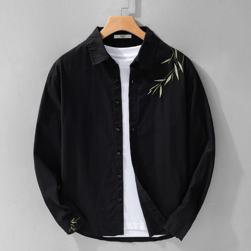Buddha Stones刺繍の葉柄メンズ長袖コットンリネンシャツ - 黒 - US/UK/AU42、 EU52 (3XL) - image 0