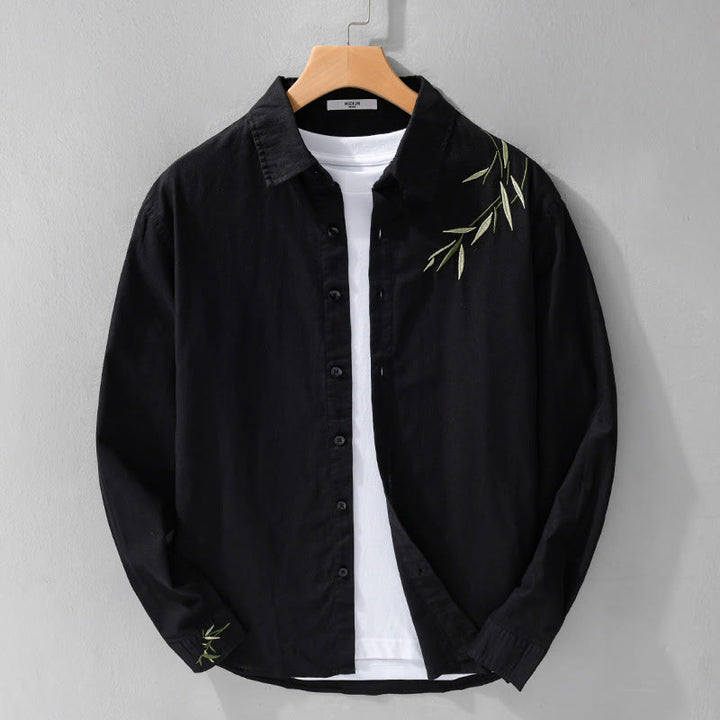 Buddha Stones刺繍の葉柄メンズ長袖コットンリネンシャツ - 黒 - US/UK/AU42、 EU52 (3XL) - image 0