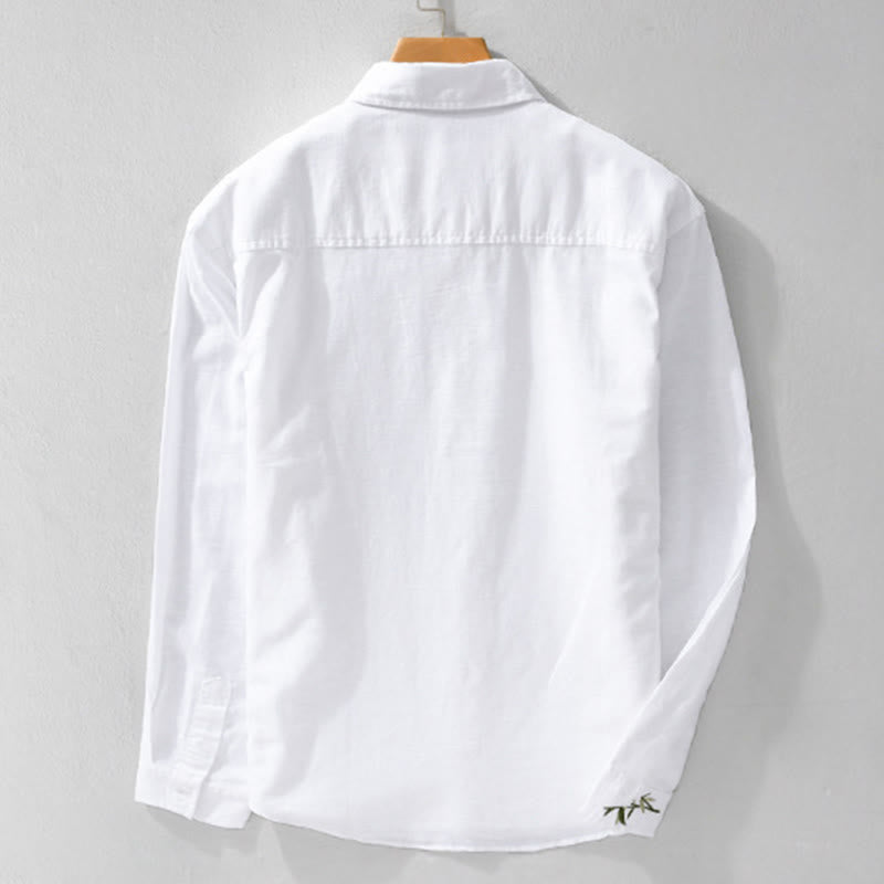 Buddha Stones刺繍の葉柄メンズ長袖コットンリネンシャツ - image 7