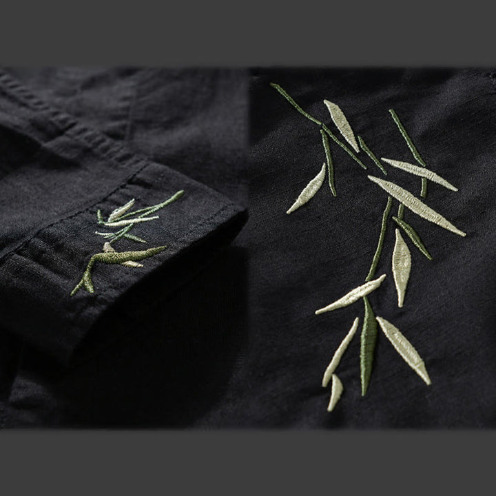 Buddha Stones刺繍の葉柄メンズ長袖コットンリネンシャツ - image 3