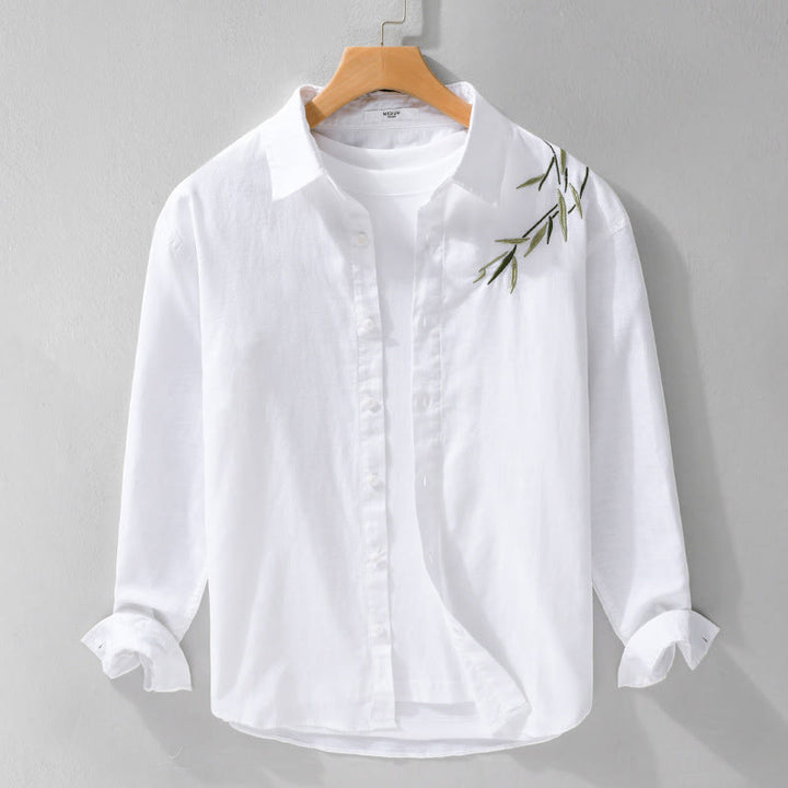 Buddha Stones刺繍の葉柄メンズ長袖コットンリネンシャツ - 白 - US/UK/AU42、 EU52 (3XL) - image 5