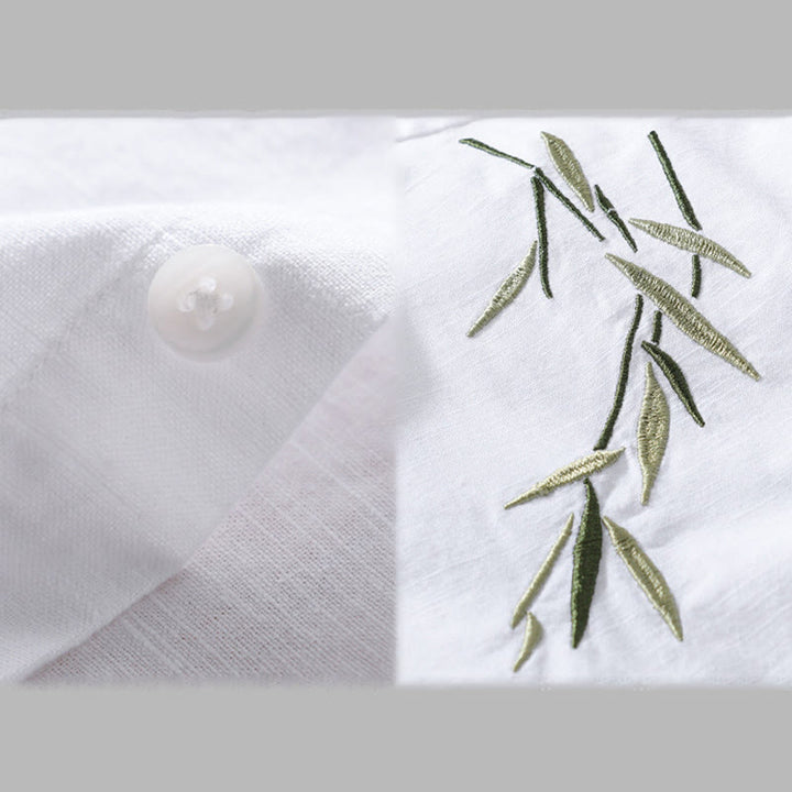 Buddha Stones刺繍の葉柄メンズ長袖コットンリネンシャツ - image 11