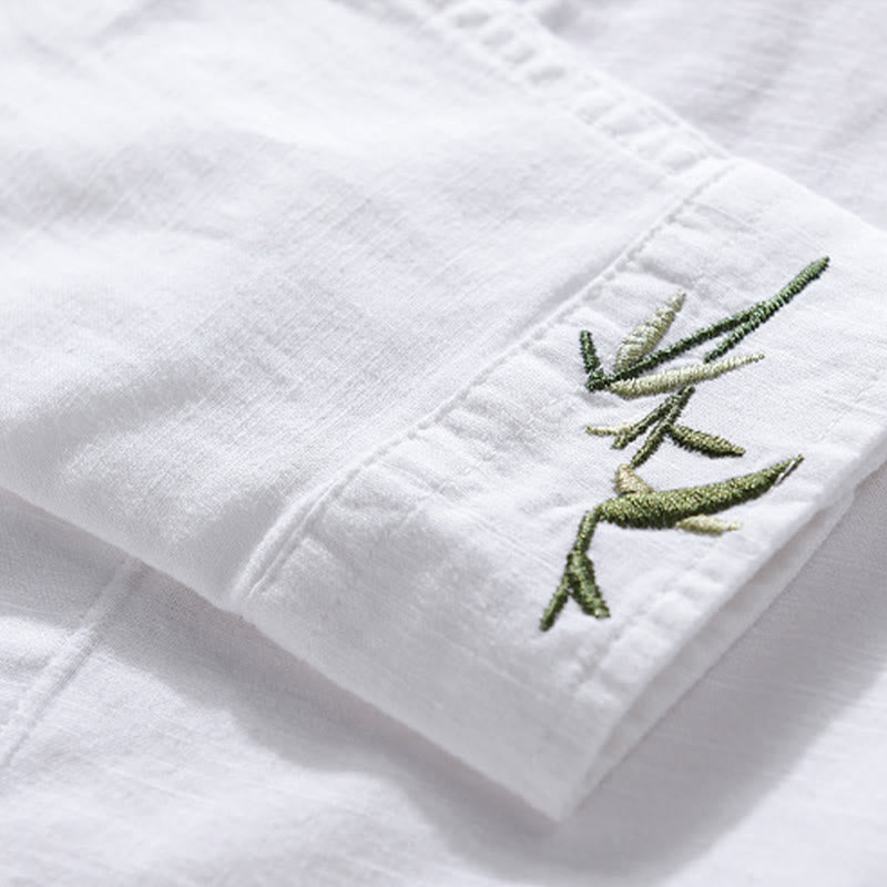 Buddha Stones刺繍の葉柄メンズ長袖コットンリネンシャツ - image 10