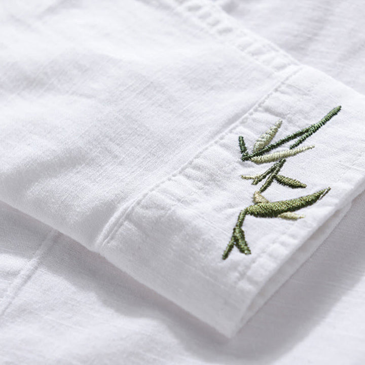 Buddha Stones刺繍の葉柄メンズ長袖コットンリネンシャツ - image 10
