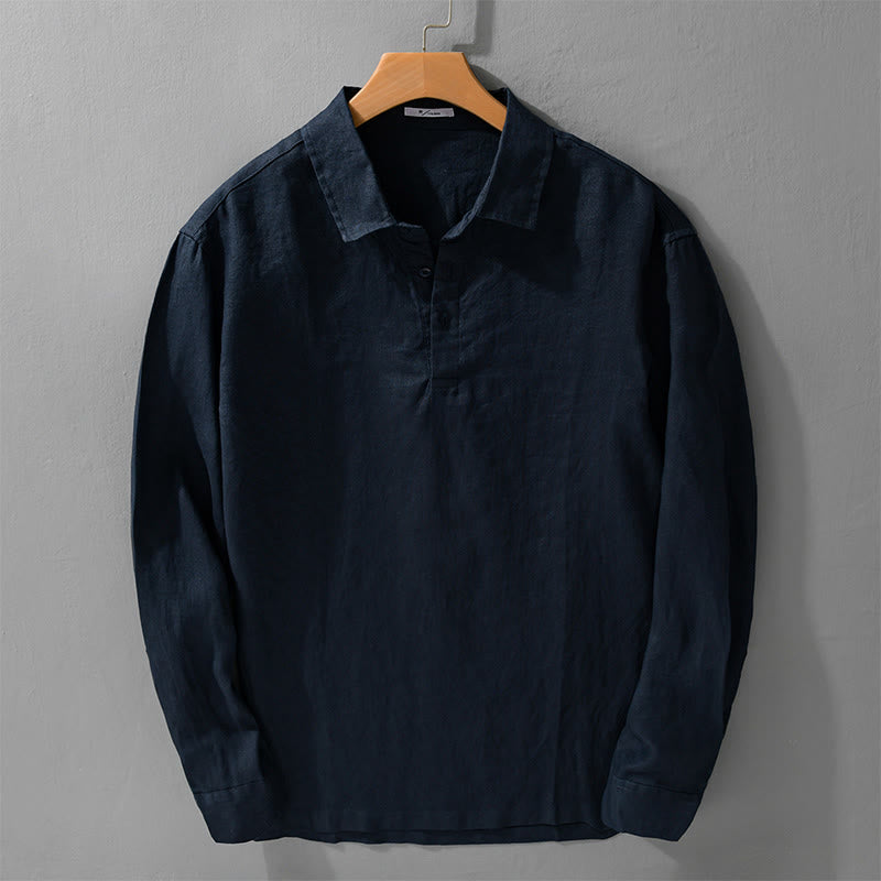 Buddha Stonesメンズ 無地 ラペルボタン 長袖 ピュアリネンシャツ - ミッドナイトブルー - US/UK/AU42、 EU52 (3XL) - image 0