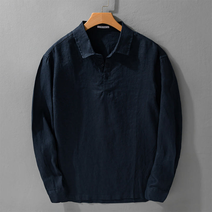 Buddha Stonesメンズ 無地 ラペルボタン 長袖 ピュアリネンシャツ - ミッドナイトブルー - US/UK/AU42、 EU52 (3XL) - image 0