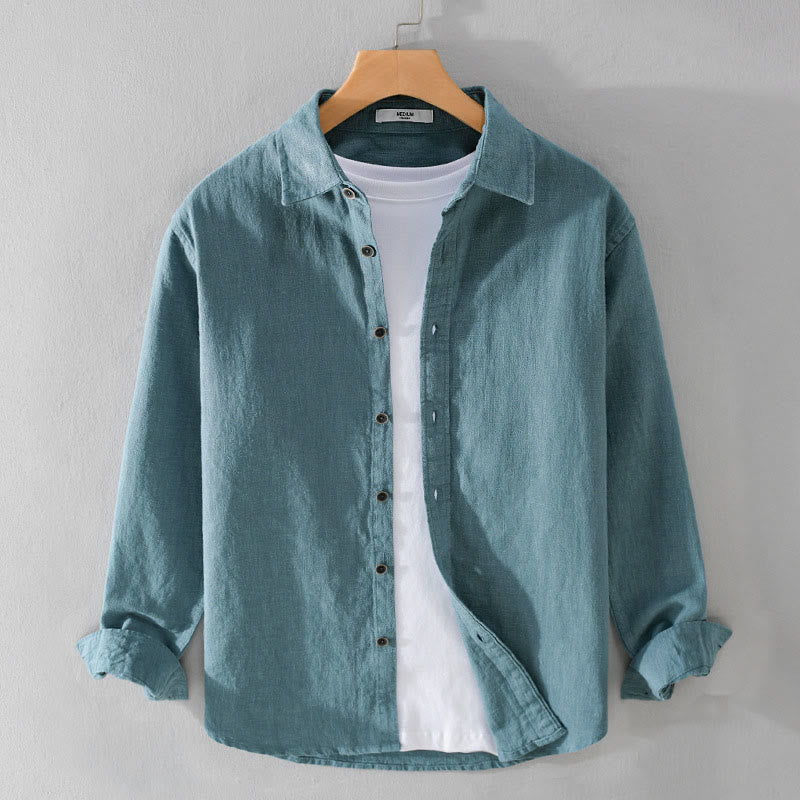 Buddha Stonesメンズ 純色 ラペルボタン シンプルデザイン ラミーコットン 長袖シャツ - ライトシーグリーン - US/UK/AU42、 EU52 (3XL) - image 14