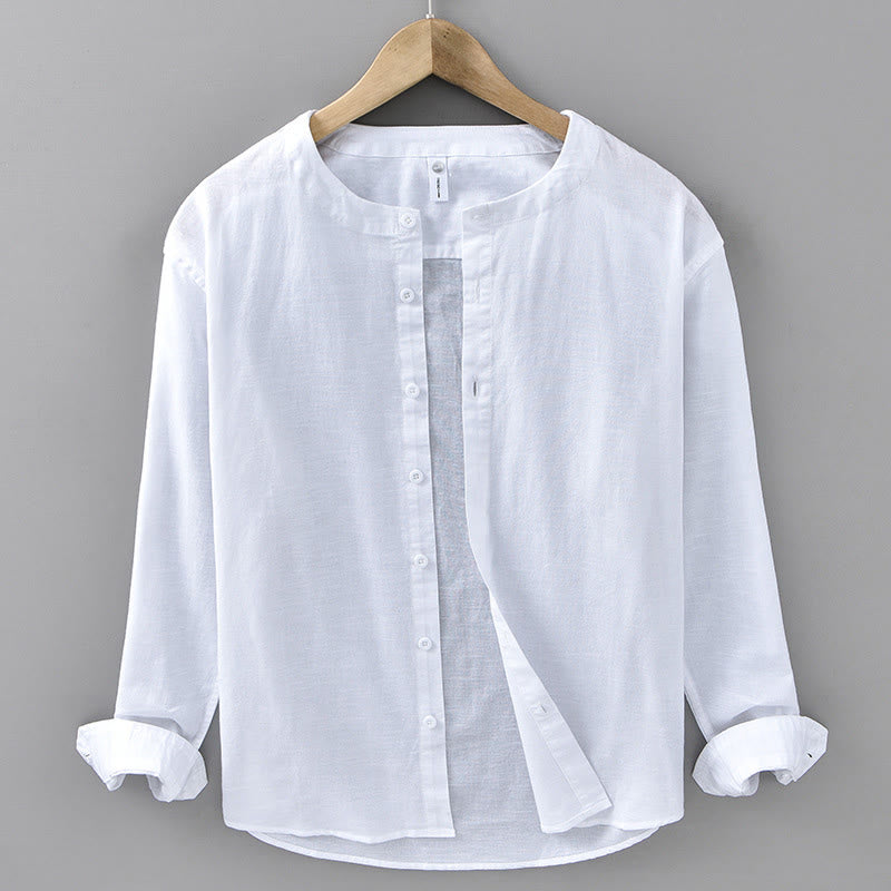 Buddha Stonesメンズ 春 ピュアカラー スタンドカラー コットンリネン 長袖シャツ - 白 - US/UK/AU42、 EU52 (3XL) - image 4