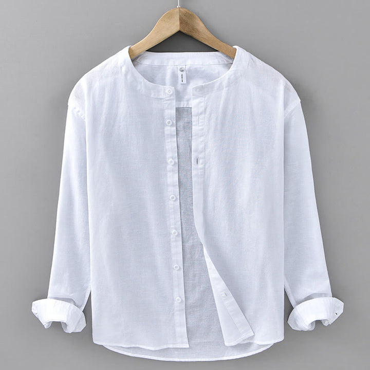 Buddha Stonesメンズ 春 ピュアカラー スタンドカラー コットンリネン 長袖シャツ - 白 - US/UK/AU42、 EU52 (3XL) - image 4