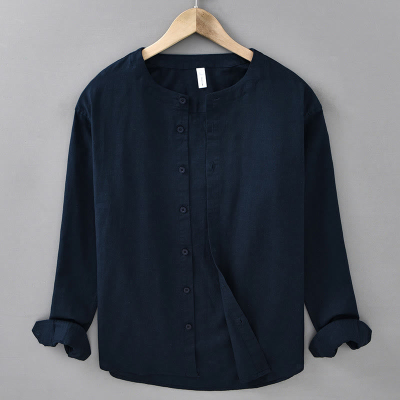 Buddha Stonesメンズ 春 ピュアカラー スタンドカラー コットンリネン 長袖シャツ - ミッドナイトブルー - US/UK/AU42、 EU52 (3XL) - image 0