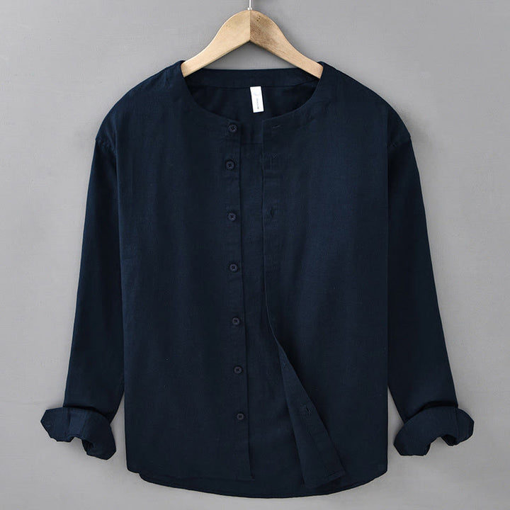 Buddha Stonesメンズ 春 ピュアカラー スタンドカラー コットンリネン 長袖シャツ - ミッドナイトブルー - US/UK/AU42、 EU52 (3XL) - image 0