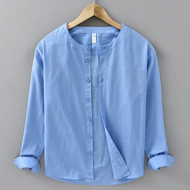 Buddha Stonesメンズ 春 ピュアカラー スタンドカラー コットンリネン 長袖シャツ - ドジャーブルー - US/UK/AU42、 EU52 (3XL) - image 17
