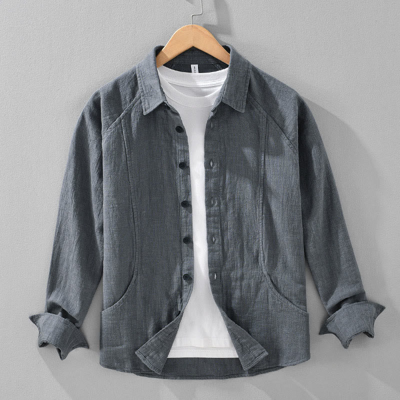 Buddha Stonesメンズ 秋 無地 ラミーコットン 長袖 ラペルシャツ ポケット付き - スレートグレー - US/UK/AU42、 EU52 (3XL) - image 5