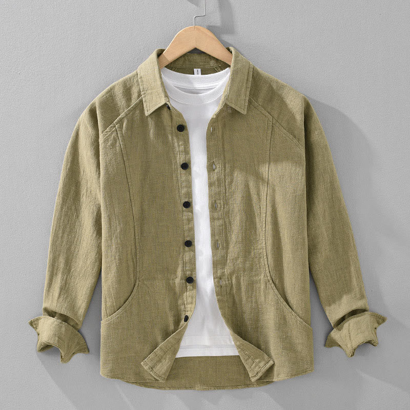 Buddha Stonesメンズ 秋 無地 ラミーコットン 長袖 ラペルシャツ ポケット付き - ダークカーキ - US/UK/AU42、 EU52 (3XL) - image 15