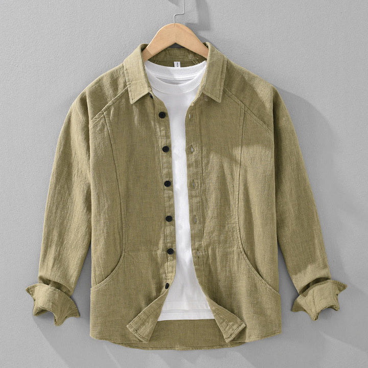Buddha Stonesメンズ 秋 無地 ラミーコットン 長袖 ラペルシャツ ポケット付き - ダークカーキ - US/UK/AU42、 EU52 (3XL) - image 15