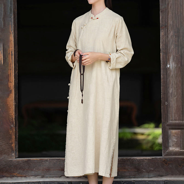 Buddha Stonesの秋の無地中国風フロッグボタンデザインコットンリネン長袖ミディドレス（ポケット付き） - image 6