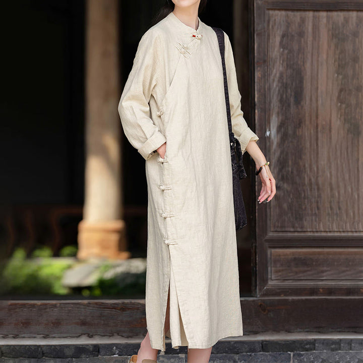 Buddha Stonesの秋の無地中国風フロッグボタンデザインコットンリネン長袖ミディドレス（ポケット付き） - image 2