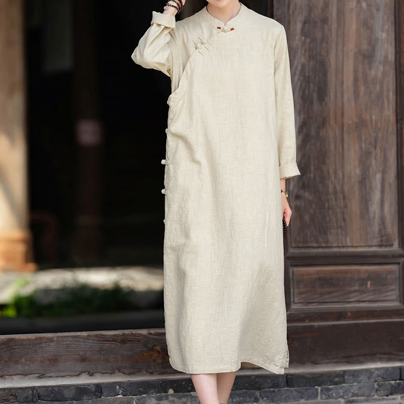 Buddha Stonesの秋の無地中国風フロッグボタンデザインコットンリネン長袖ミディドレス（ポケット付き） - image 5