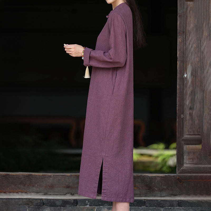 Buddha Stonesの秋の無地中国風フロッグボタンデザインコットンリネン長袖ミディドレス（ポケット付き） - image 11