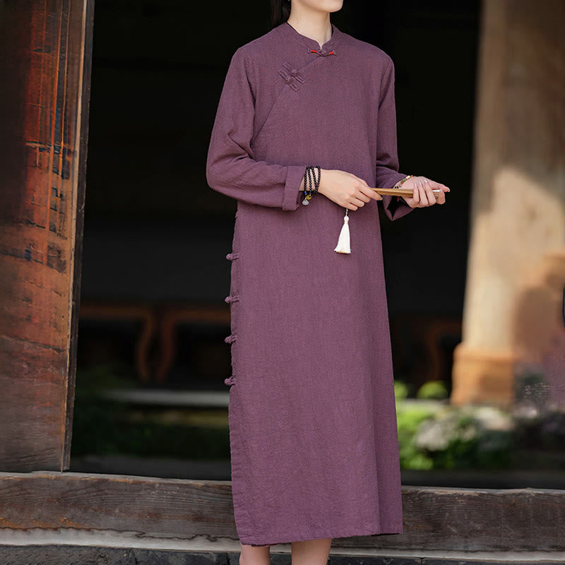 Buddha Stonesの秋の無地中国風フロッグボタンデザインコットンリネン長袖ミディドレス（ポケット付き） - image 8
