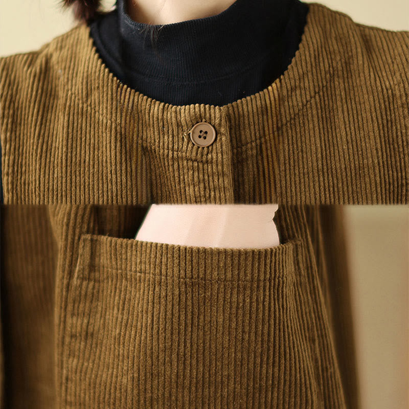 Buddha Stonesの秋のレトロなボタンデザインコットンコーデュロイノースリーブミディドレス（ポケット付き） - image 18