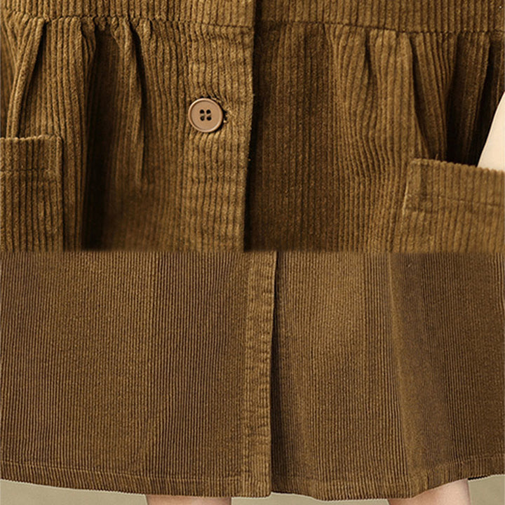 Buddha Stonesの秋のレトロなボタンデザインコットンコーデュロイノースリーブミディドレス（ポケット付き） - image 19