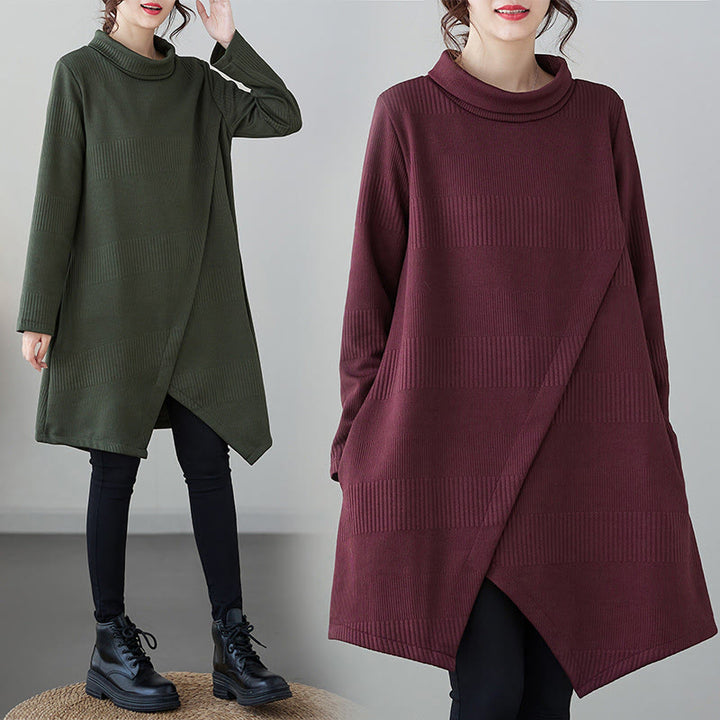 Buddha Stones冬用 イレギュラーヘムデザイン モックネック コットン 長袖 ミディドレス ポケット付き - image 11
