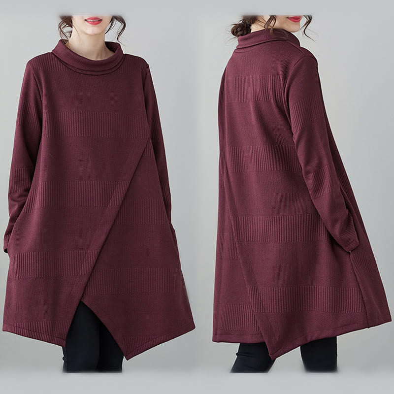 Buddha Stones冬用 イレギュラーヘムデザイン モックネック 長袖 ミディドレス ポケット付き - image 10