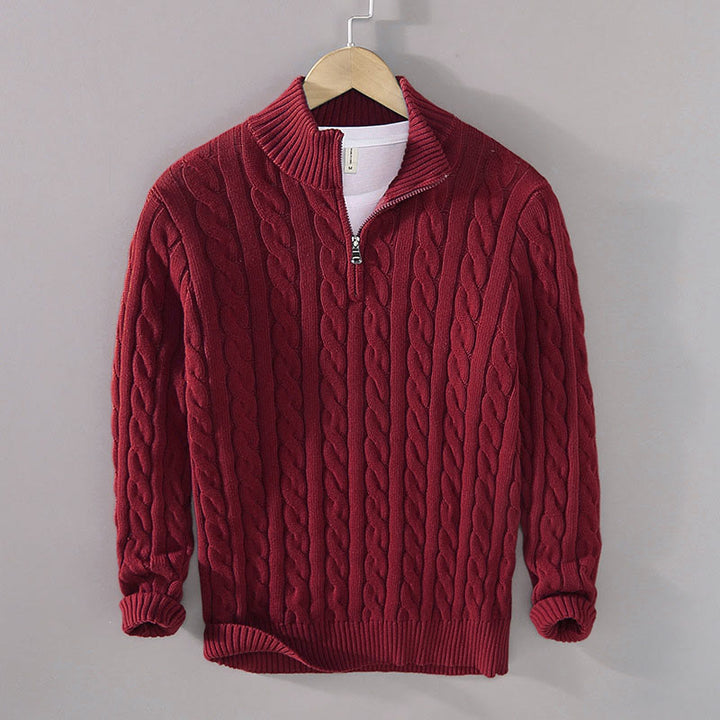 Buddha Stones冬用テクスチャードハイネックジッパーデザインメンズ長袖コットンセーター - ダークレッド - US/UK/AU42、 EU52 (3XL) - image 1
