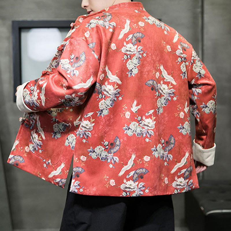 Buddha Stones、中国の旧正月服、花、扇子、鳥、カエルボタンの唐装、綿のメンズジャケット、ポケット付きシャツ - image 4