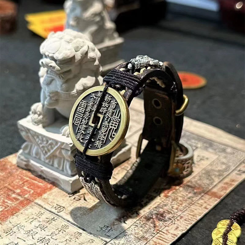 Buddha Stones、PiXiu山、幽霊、お金を使う幸運、レザーウォッチバンドブレスレット  - 山の鬼がお金を使う＆貔貅（手首周り：15～18cm） - image 0