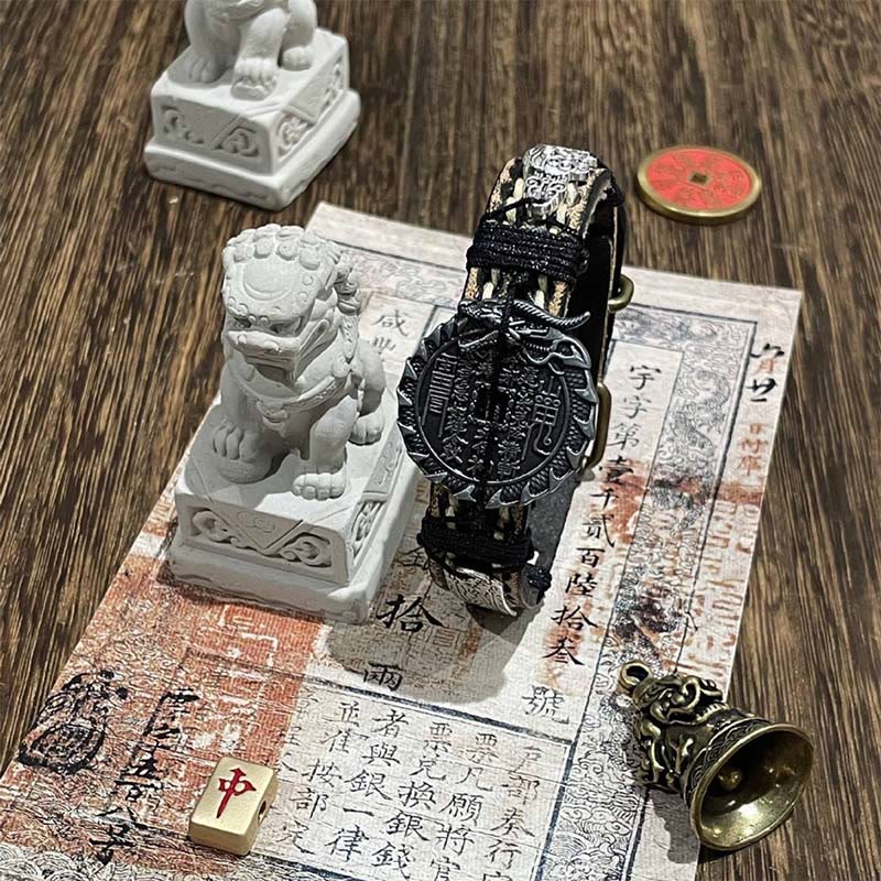 Buddha Stones、龍、PiXiu、山、幽霊、お金を使う幸運、レザーウォッチバンド、ブレスレット  - 山の幽霊がお金を使う＆ドラゴン（手首周り：15～18cm） - image 0