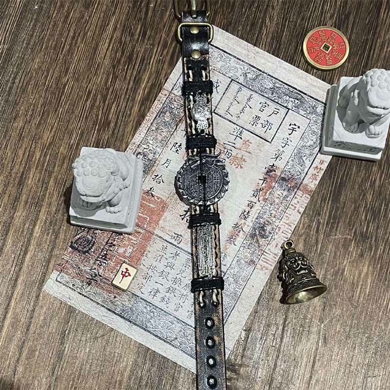 Buddha Stones、龍、PiXiu、山、幽霊、お金を使う幸運、レザーウォッチバンド、ブレスレット  - image 2