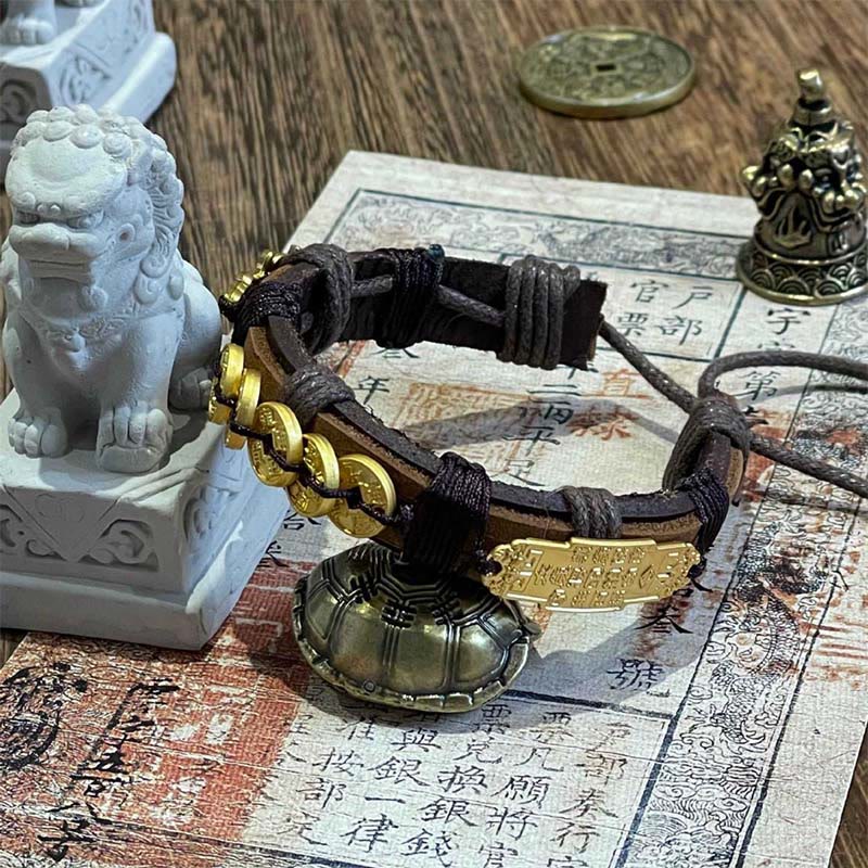 Buddha Stones五帝銭 貂秀富革ロープブレスレット  - image 1